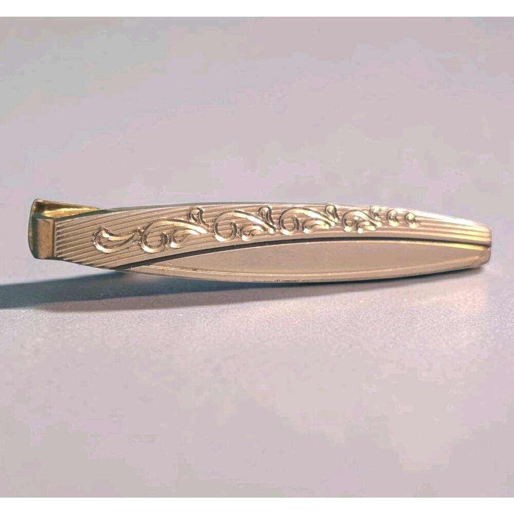 Vintage Tie Bar Engraved Intricate Ornate Accent Anson Clip Gold Tone 2" SKU3441